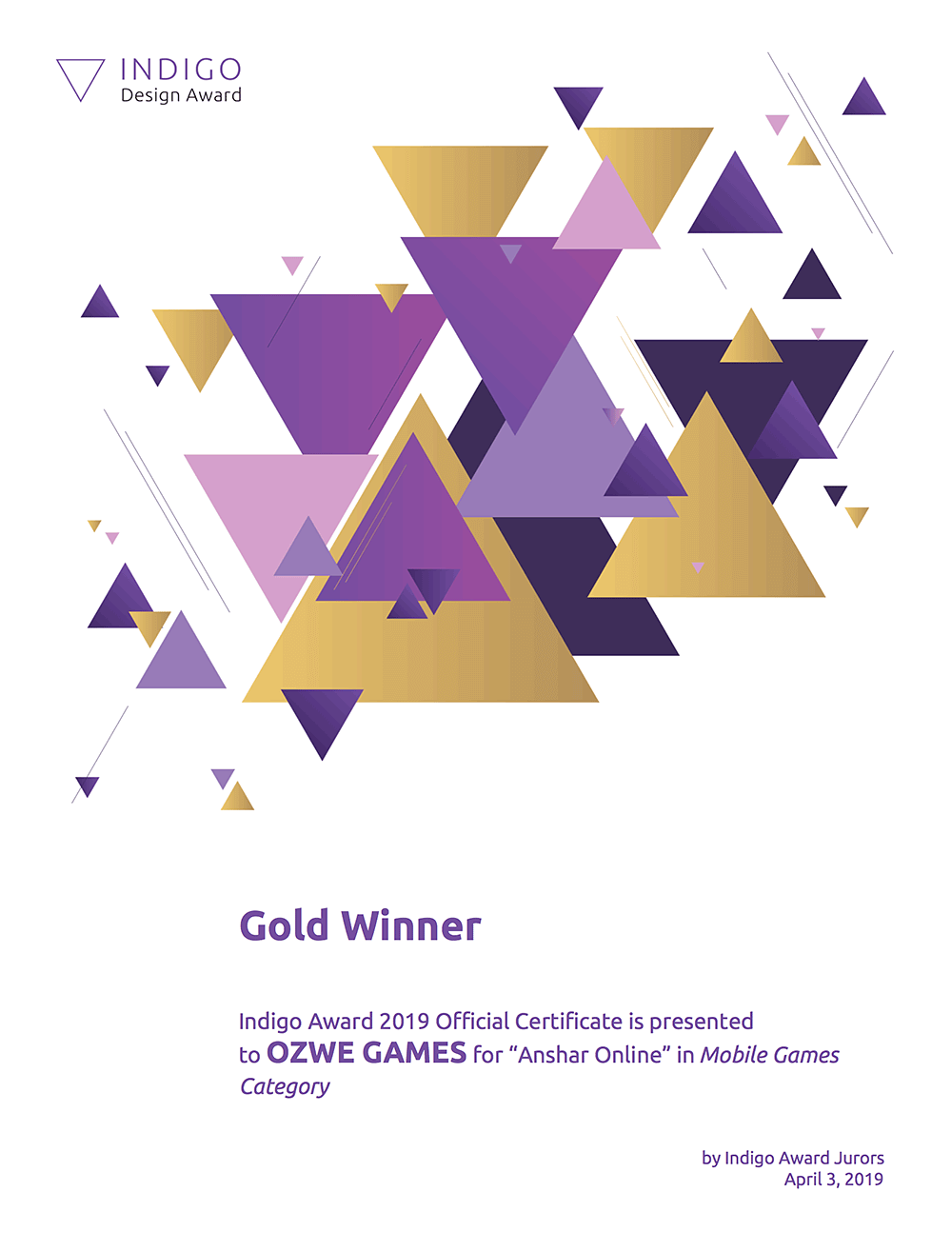 Indigo Award Certificate: Anshar Online Best Mobile Game Gold Winner